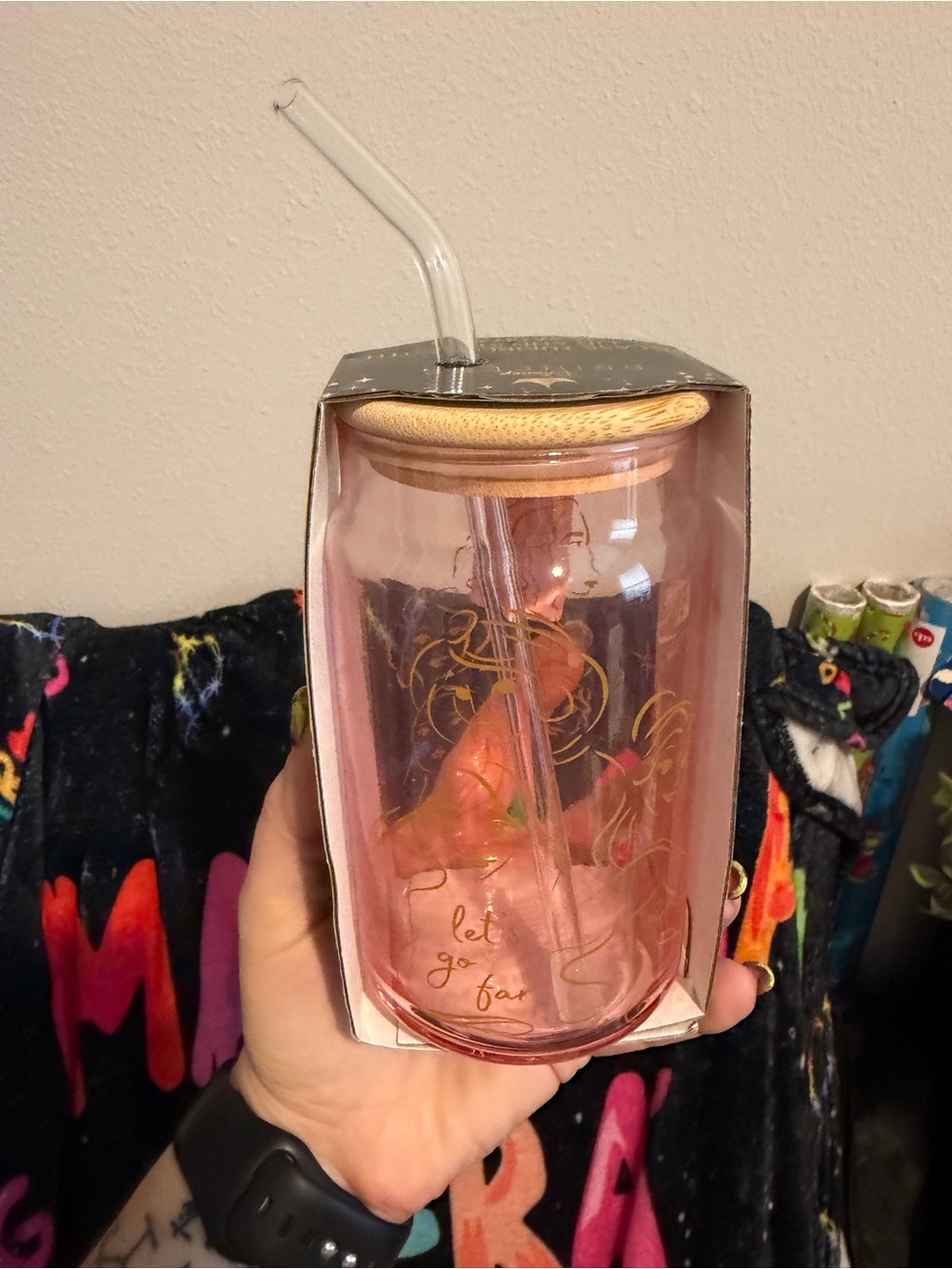 Disney Pink Glass Tumbler with Gold Script and Bamboo-Look Lid